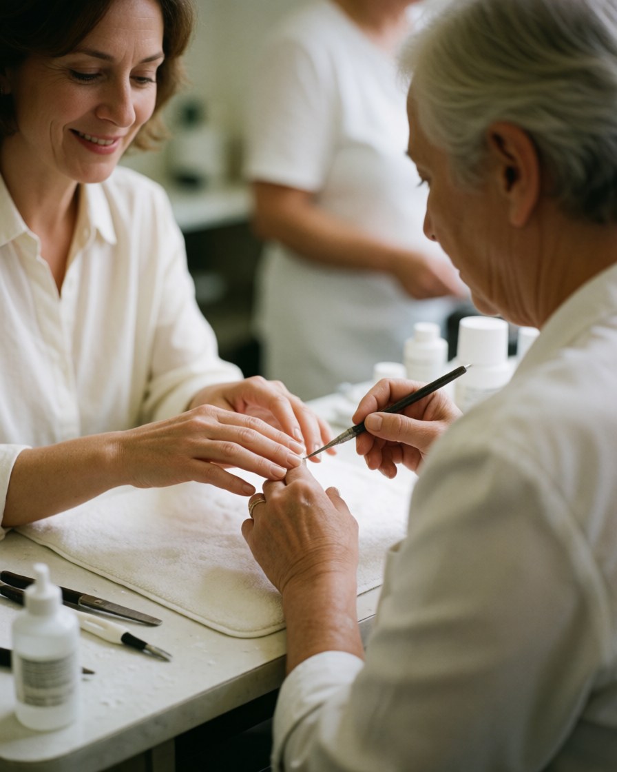 Un professionnel réalise une manucure en salon avec pinceaux et outils dans un environnement calme et propre, mains en gros plan.