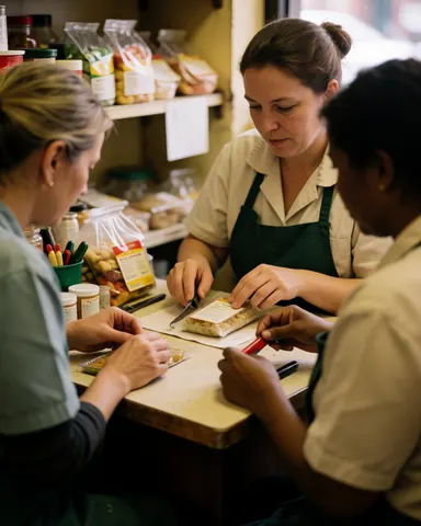 Trois femmes examinant des produits dans un entrepôt avec des mains travaillant, un couteau, des étiquettes et des étagères remplies sous une lumière chaude.