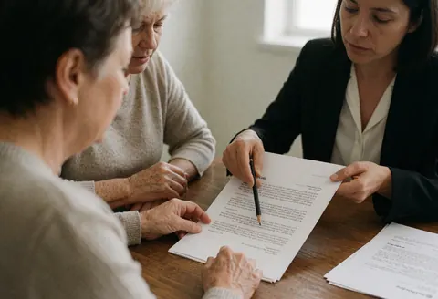 Une avocate explique les termes d'un contrat à une cliente âgée dans un bureau professionnel avec des documents sur le bureau.