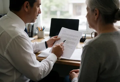 Un avocat assis devant une table avec un ordinateur portable et une tasse de café explique un document contractuel à son client, baigné par la lumière naturelle venant d'une fenêtre.