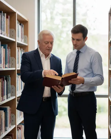 Un avocat expérimenté et un jeune confrère consultent ensemble un ouvrage juridique dans une bibliothèque, entourés d'étagères remplies de livres sous la lumière naturelle d'une fenêtre.