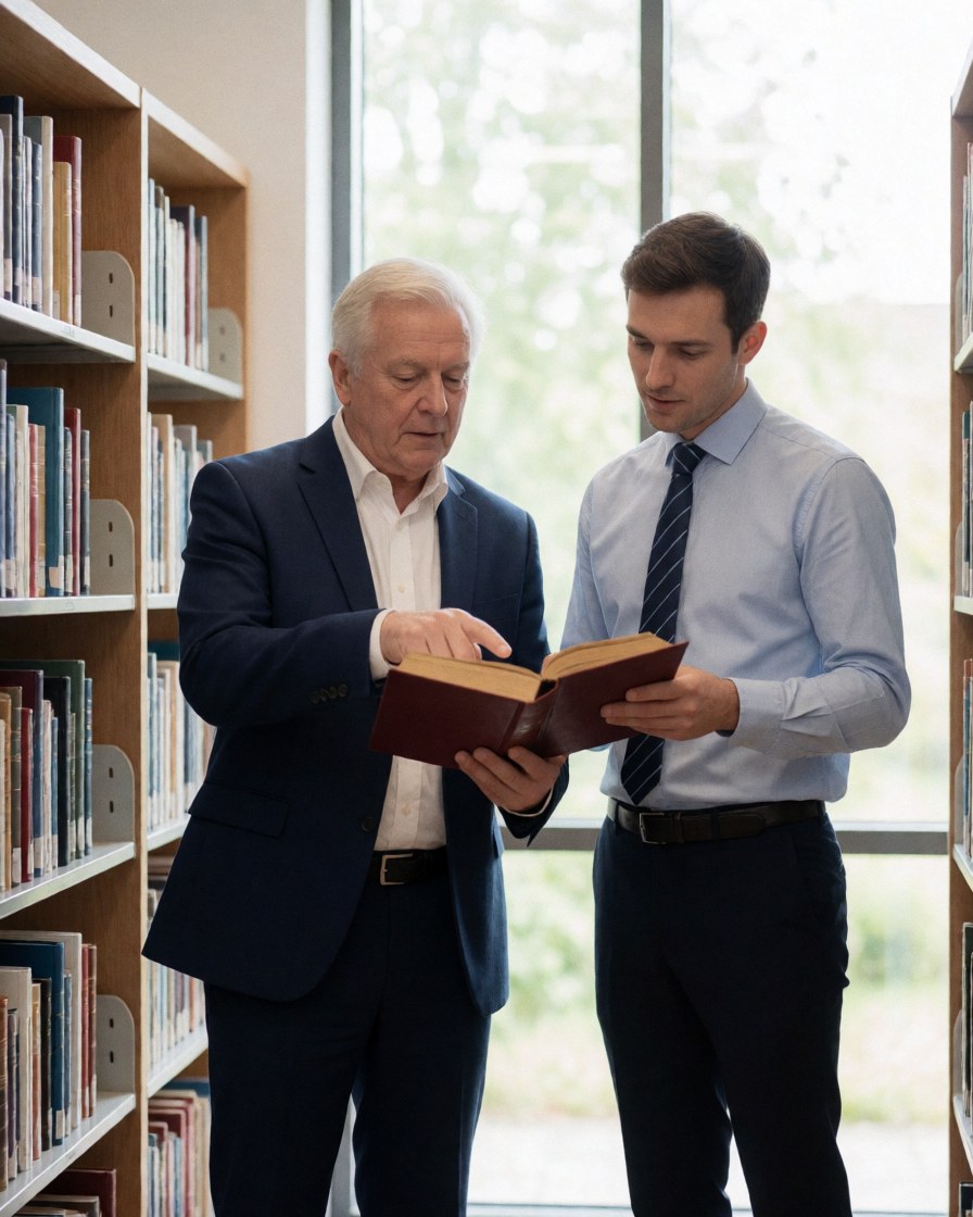 Un avocat expérimenté et un jeune confrère consultent ensemble un ouvrage juridique dans une bibliothèque, entourés d'étagères remplies de livres sous la lumière naturelle d'une fenêtre.