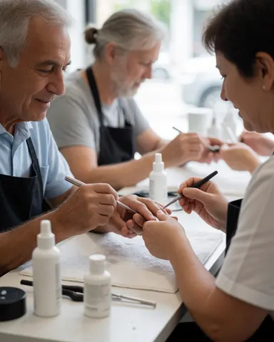 Une manuciste professionnelle applique un produit sur les ongles d'une cliente dans un salon de beauté, avec des outils et une table propre.