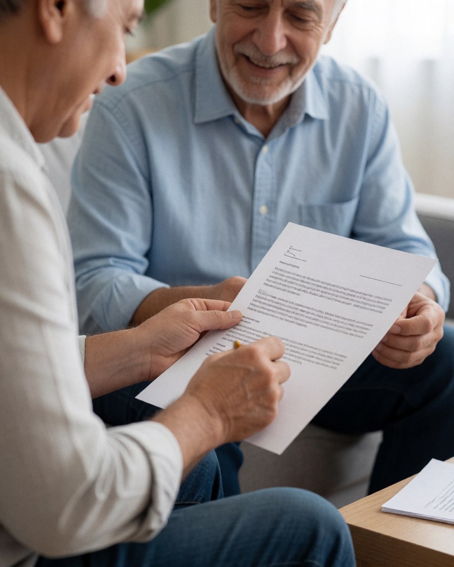 Un avocat et son client âgé signent un document juridique à une table dans un intérieur calme avec une lumière douce, illustrant la confiance et la sécurité.