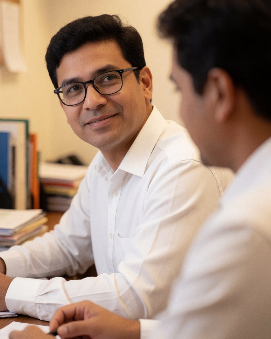 Un parajuriste assis à un bureau en bois avec des documents, des livres et des lunettes, portant une chemise blanche et affichant un sourire professionnel dans un environnement de travail lumineux.