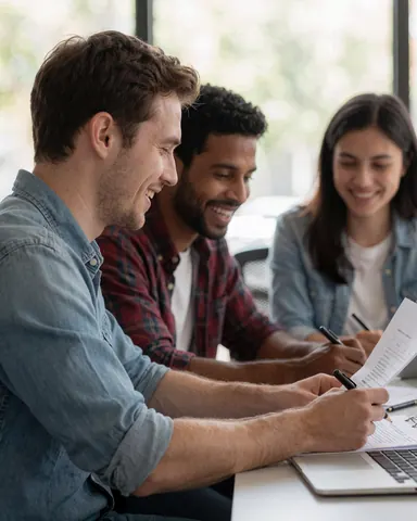 Trois jeunes professionnels en réunion, vérifiant des papiers et souriant autour d'une table avec ordinateur et stylos.