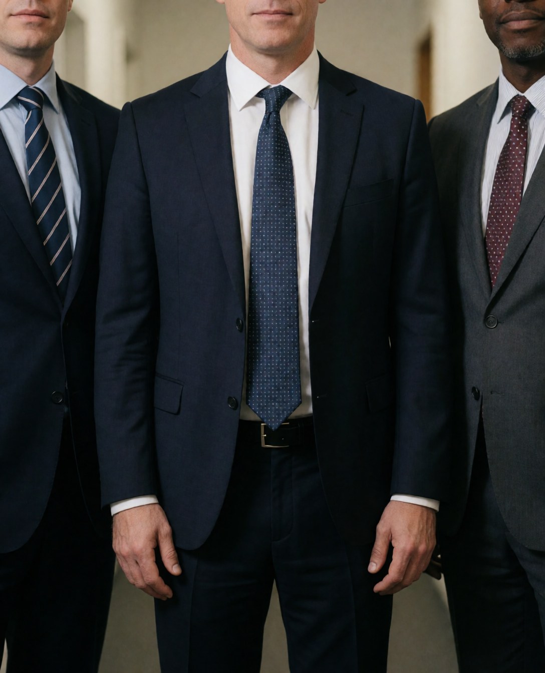 Groupe d'avocats vêtus de costumes sombres posant sérieusement dans un bureau moderne avec des murs clairs.