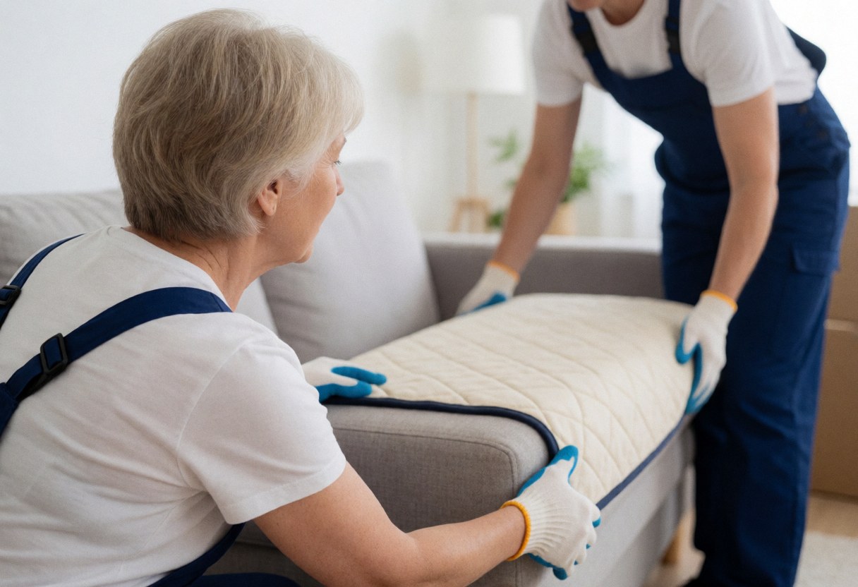 Deux déménageurs utilisent des housses et des gants pour protéger un canapé lors d'un service à domicile dans un intérieur moderne.
