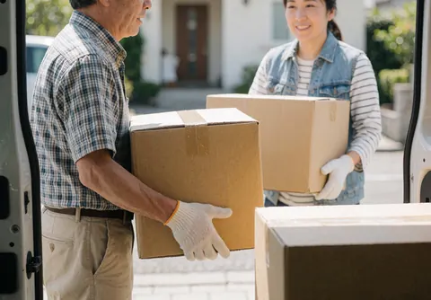 Deux déménageurs portent des boîtes en carton depuis un camion vers une résidence sous un soleil éclatant, équipés de gants de protection.