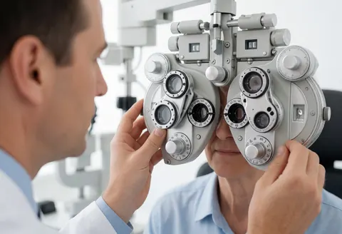 Un optométriste ajuste un phoroptère devant un patient lors d'un examen de la vue dans un environnement professionnel.