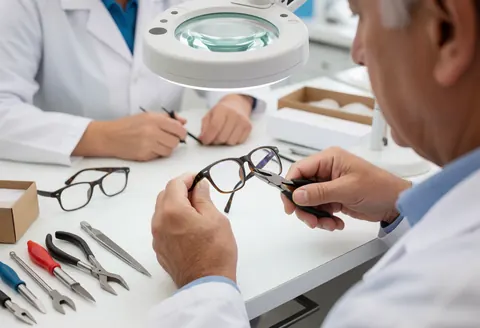 Technicien ajustant une monture de lunettes avec des pinces et une loupe sur la table de travail dans un laboratoire optique professionnel.