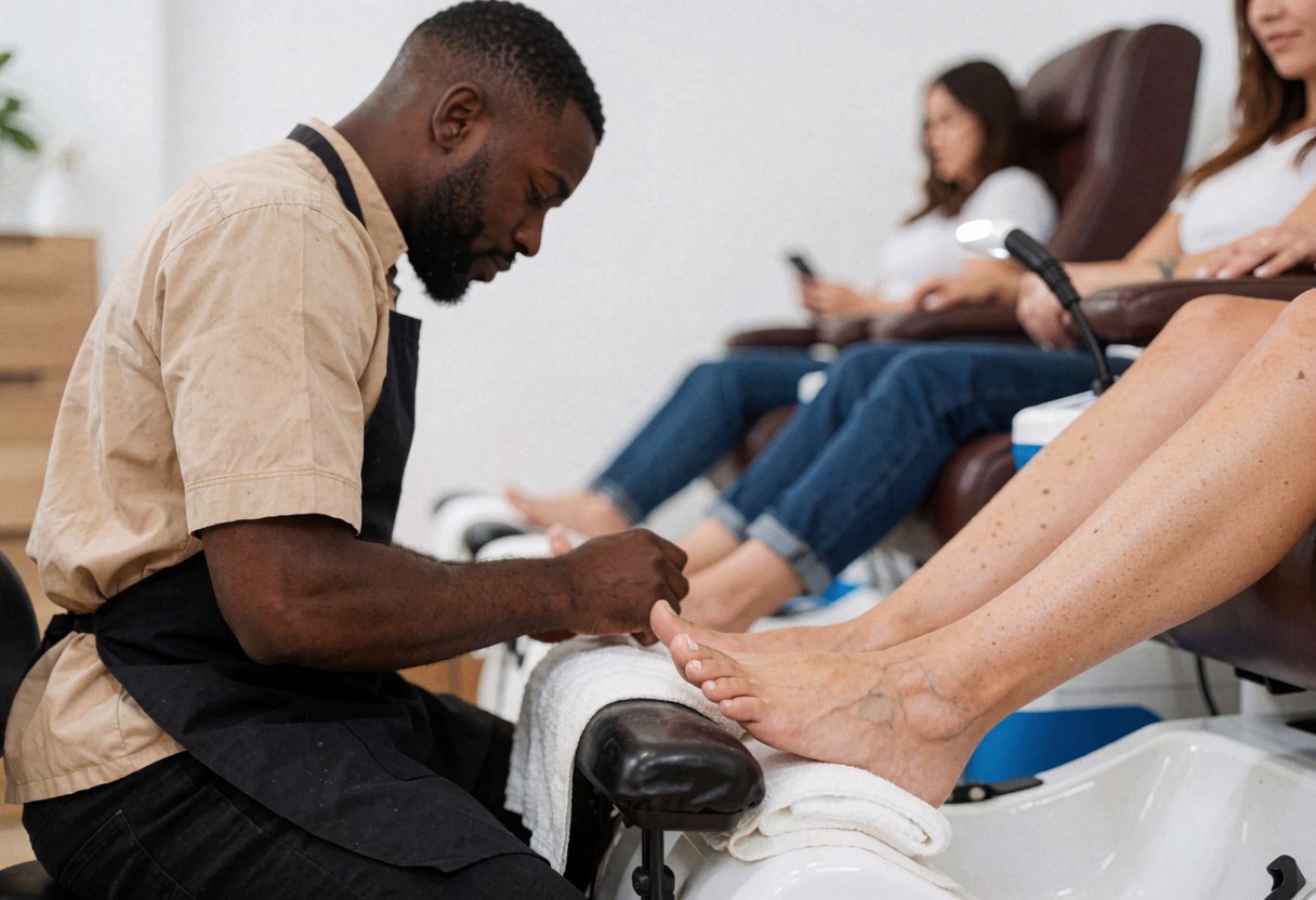 Une pédicuriste professionnelle effectuant un soin des pieds dans un salon équipé de chaises et d'un matériel adapté, dans un environnement propre et bien éclairé.