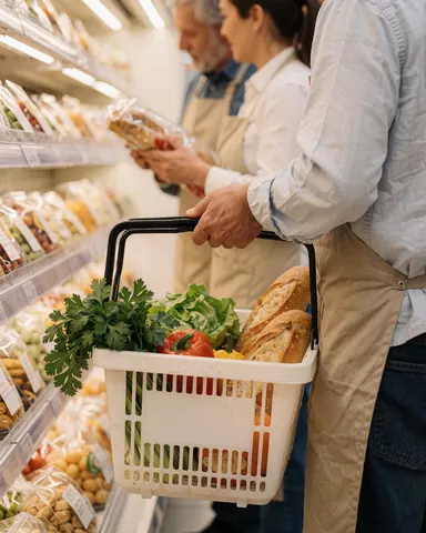Une cliente souriante tient un panier contenant des légumes frais et du pain dans un allée bien éclairée d'un magasin, avec un vendeur en arrière-plan.