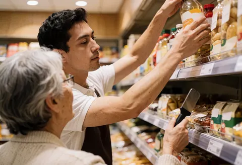 Un employé de supermarché aide une cliente senior à saisir un article placé sur une étagère haute dans un magasin d'alimentation.