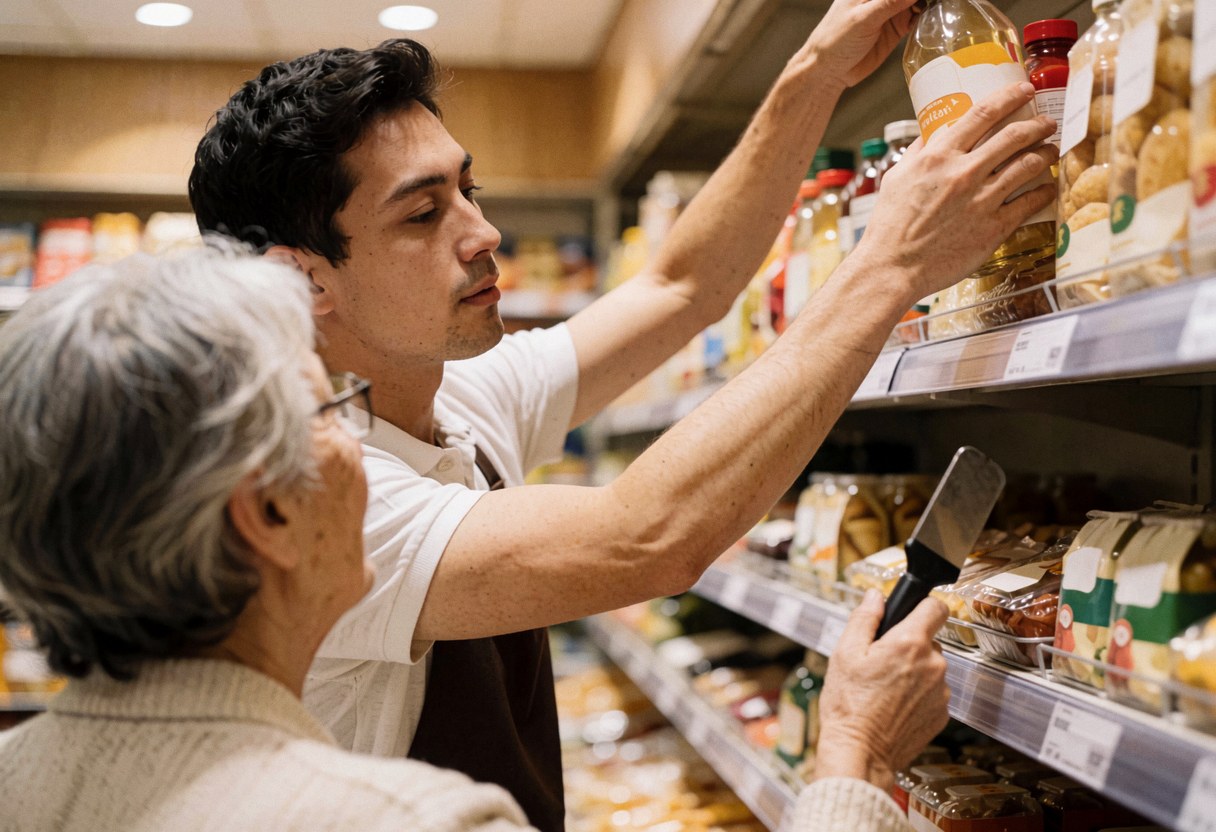 Un employé de supermarché aide une cliente senior à saisir un article placé sur une étagère haute dans un magasin d'alimentation.