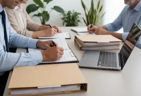 Un professionnel examine des dossiers et des documents sur un bureau équipé d'un ordinateur portable et d'un téléphone portable.