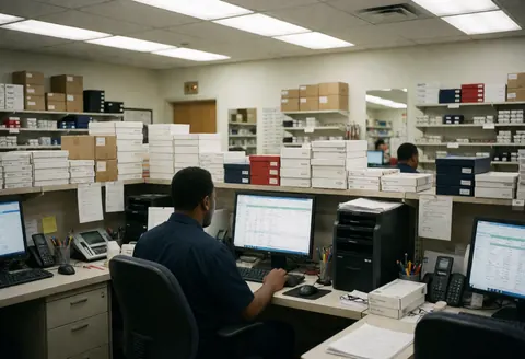 Un employé travaille dans un bureau d'optique entouré de boîtes de cadres, d'un ordinateur, d'une souris et d'étagères remplies de produits sous un éclairage fluorescent.