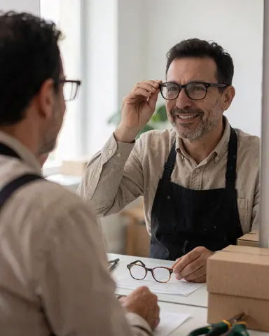 Un professionnel de l'optique sourit en essayant de nouvelles lunettes devant un miroir, avec des outils et des boîtes sur la table dans un intérieur lumineux.