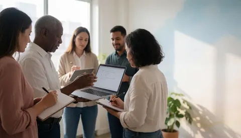 Adultes en coworking, un utilise un ordinateur pendant que d'autres prennent des notes, avec lumière naturelle par la fenêtre, ambiance professionnelle et moderne.