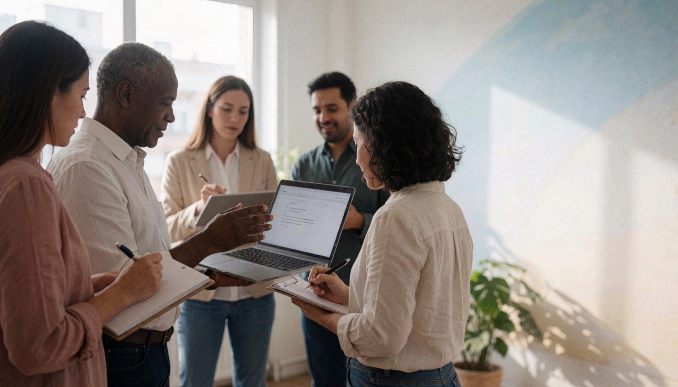 Adultes en coworking, un utilise un ordinateur pendant que d'autres prennent des notes, avec lumière naturelle par la fenêtre, ambiance professionnelle et moderne.