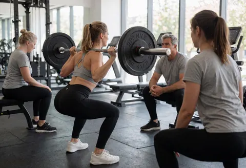Une femme entraîneuse montre la bonne technique pour réaliser un squat avec une barre dans un gymnatoire moderne.