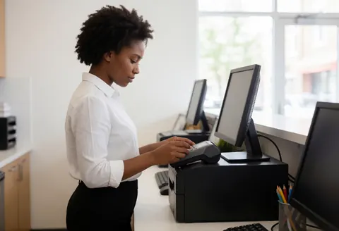Une caissière professionnelle effectue une opération à la caisse, entourée d'un ordinateur et d'un écran sur le comptoir dans un cadre de travail.