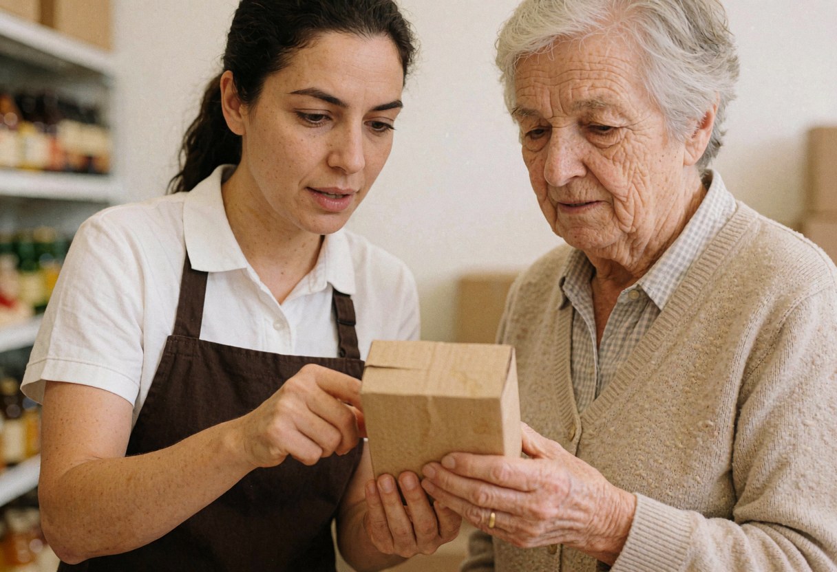 Une vendeuse montre le contenu d'une boîte à une cliente âgée dans un entrepôt, toutes deux examinant attentivement l'emballage.