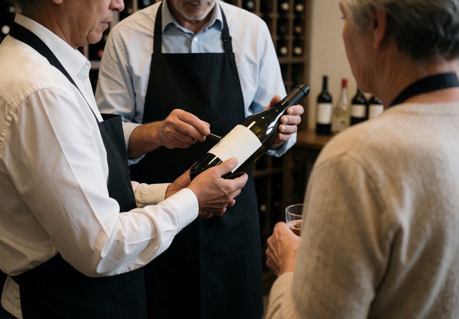 Un sommelier tient une bouteille de vin devant un client dans une cave. Des étagères remplies de bouteilles sont visibles en arrière-plan.