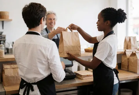 Un vendeur remet un sac contenant des aliments à un client dans un restaurant, avec une caisse enregistreuse et d'autres produits visibles sur le comptoir.