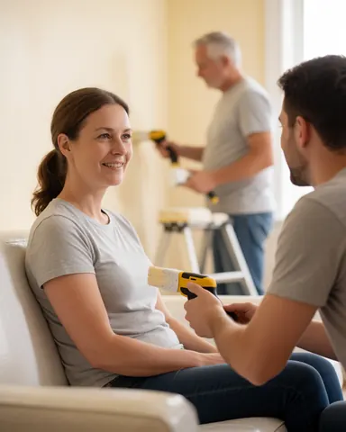 Une cliente souriante se tient dans un salon dont les murs ont été récemment peints, montrant sa satisfaction pour le travail réalisé.