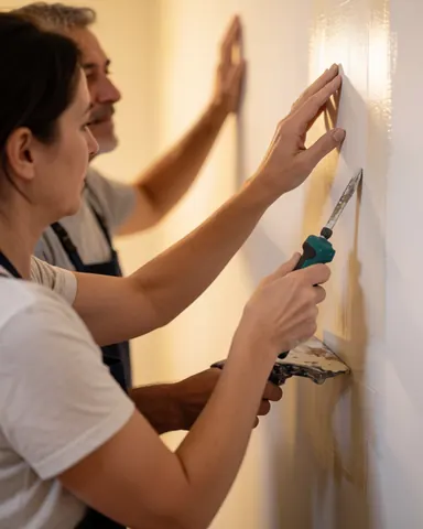 Une cliente souriante observe avec satisfaction le résultat d'une peinture intérieure sur un mur de son domicile.