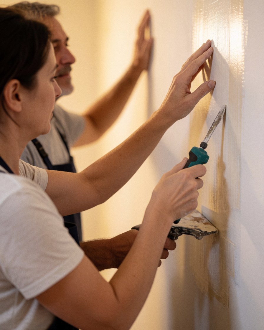 Une cliente souriante observe avec satisfaction le résultat d'une peinture intérieure sur un mur de son domicile.