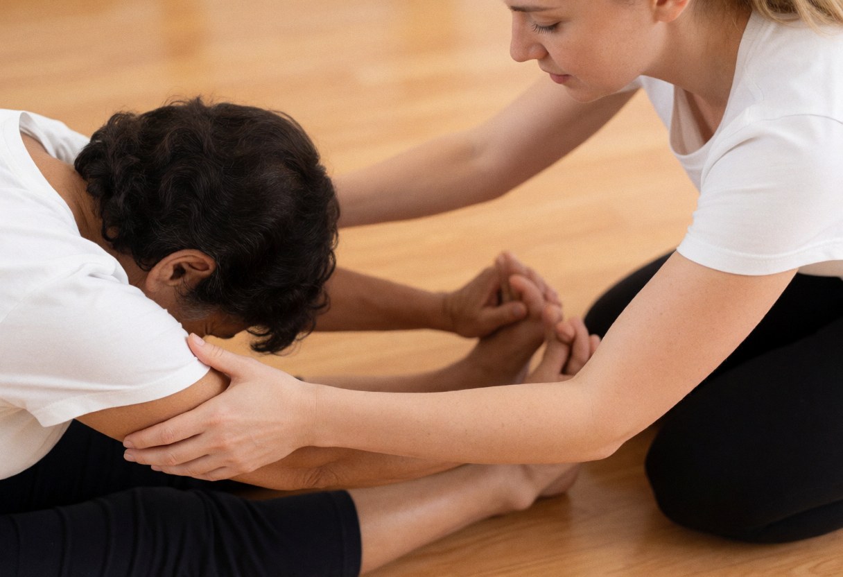 Un professionnel de yoga guide un client en posture assise de flexion avant dans un studio avec sol en bois et lumière douce, mettant l'accent sur les mains et le corps.