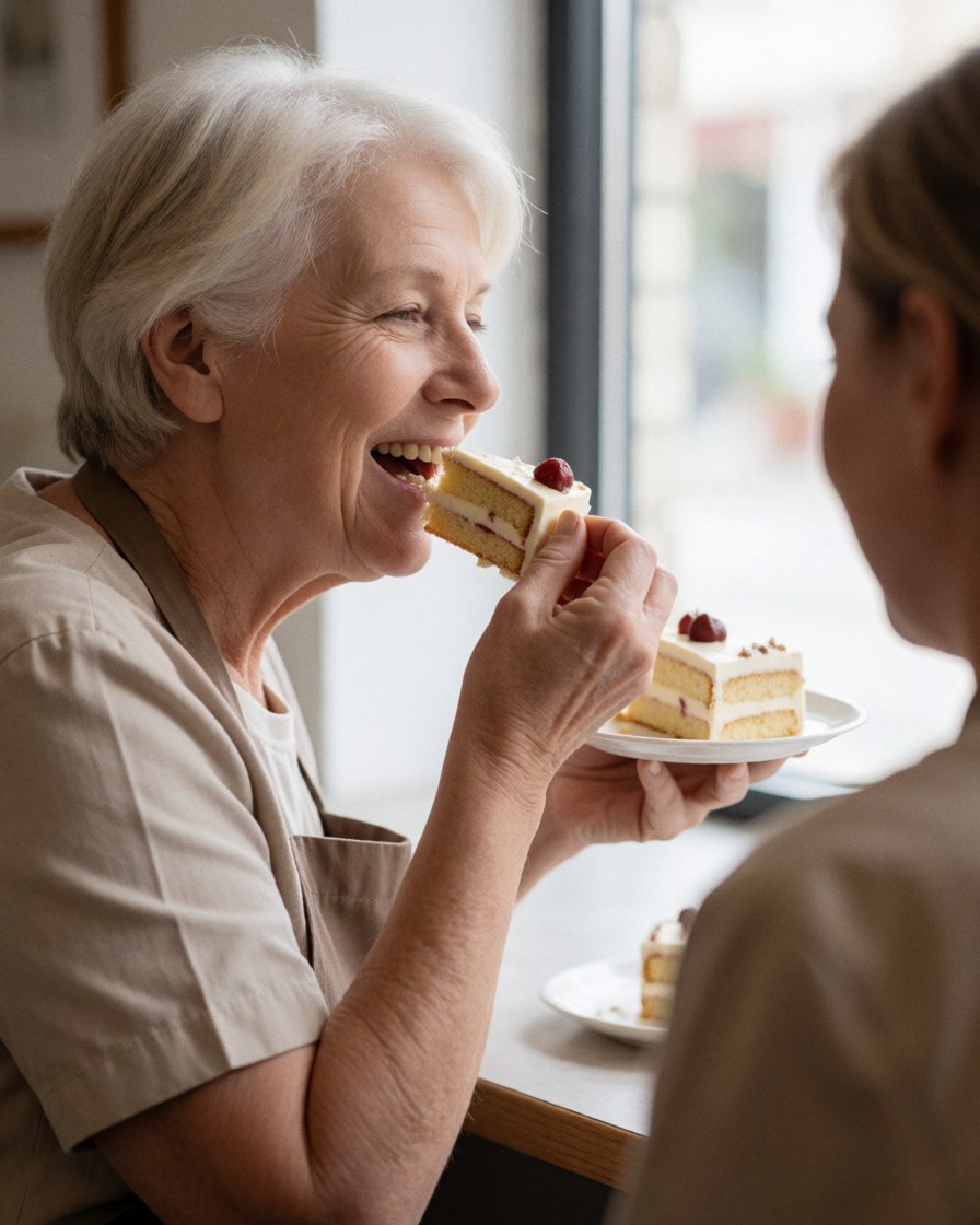 Une femme sourit en mangeant une part de gâteau à une table près d'une fenêtre baignée de lumière naturelle, créant une ambiance chaleureuse et détendue.