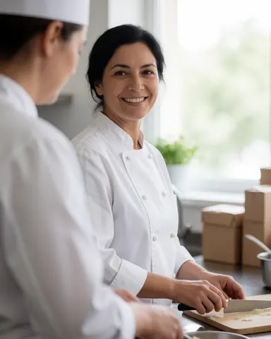 Chef principal souriant en uniforme blanc dans une cuisine professionnelle lumineuse avec outils de coupe sur planche en bois