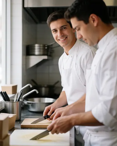 Deux chefs professionnels préparent des ingrédients sur des planches en bois, éclairés par la lumière naturelle d'une fenêtre, dans une cuisine équipée de matériel en acier inoxydable.