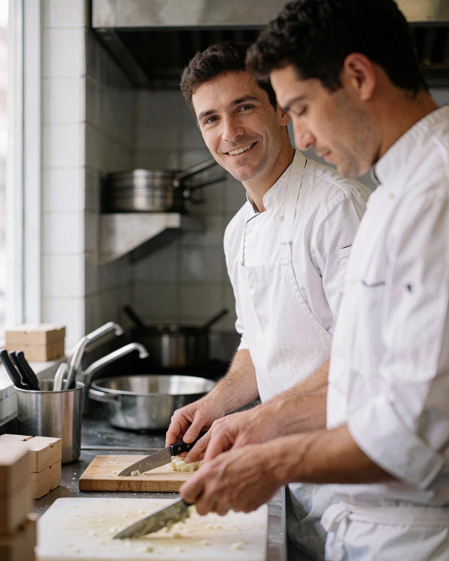 Deux chefs professionnels préparent des ingrédients sur des planches en bois, éclairés par la lumière naturelle d'une fenêtre, dans une cuisine équipée de matériel en acier inoxydable.