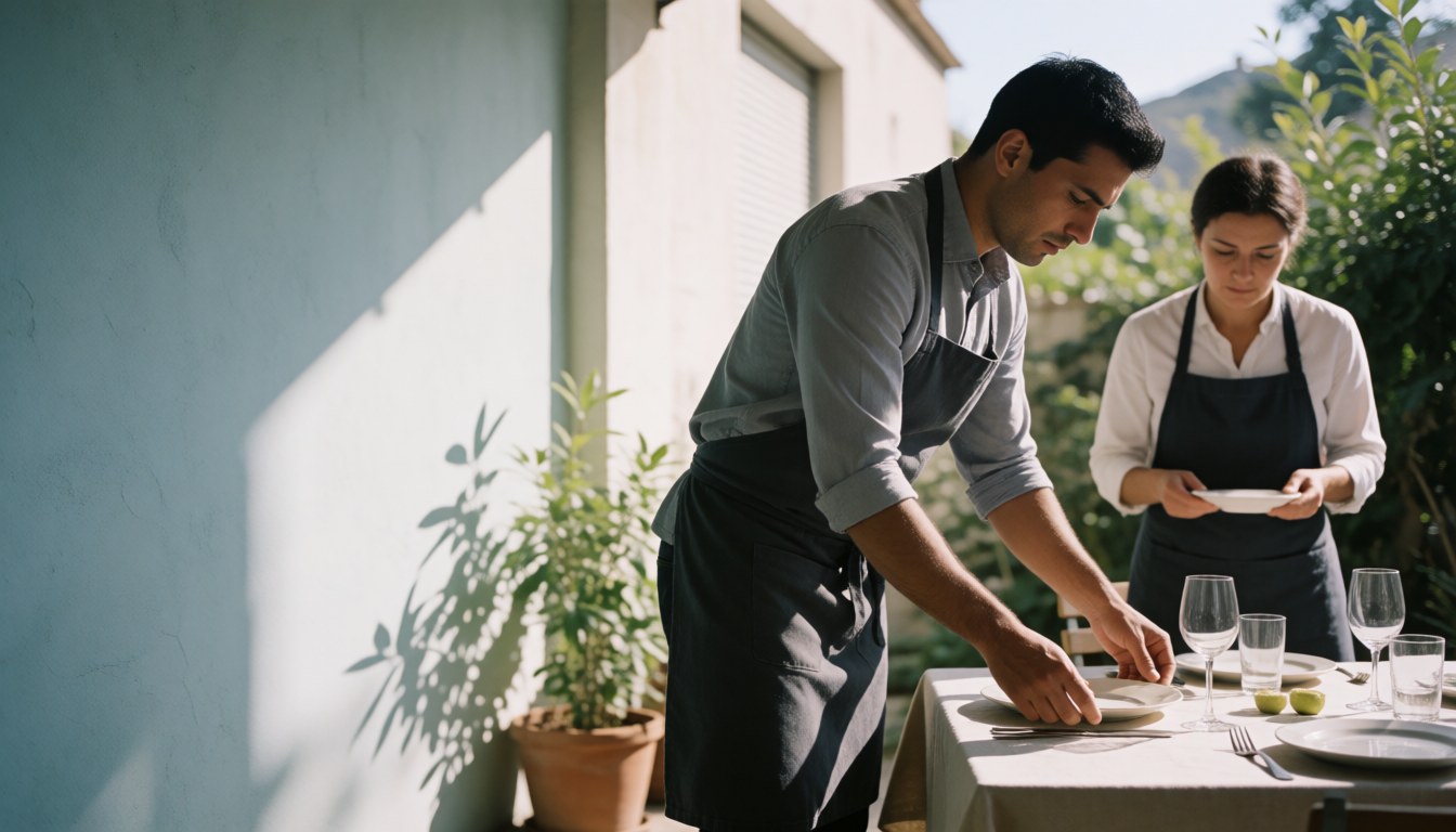 Un serveur présente un plat sur une table dressée en extérieur, avec du vin, des couverts et des plantes, dans un cadre lumineux et professionnel.