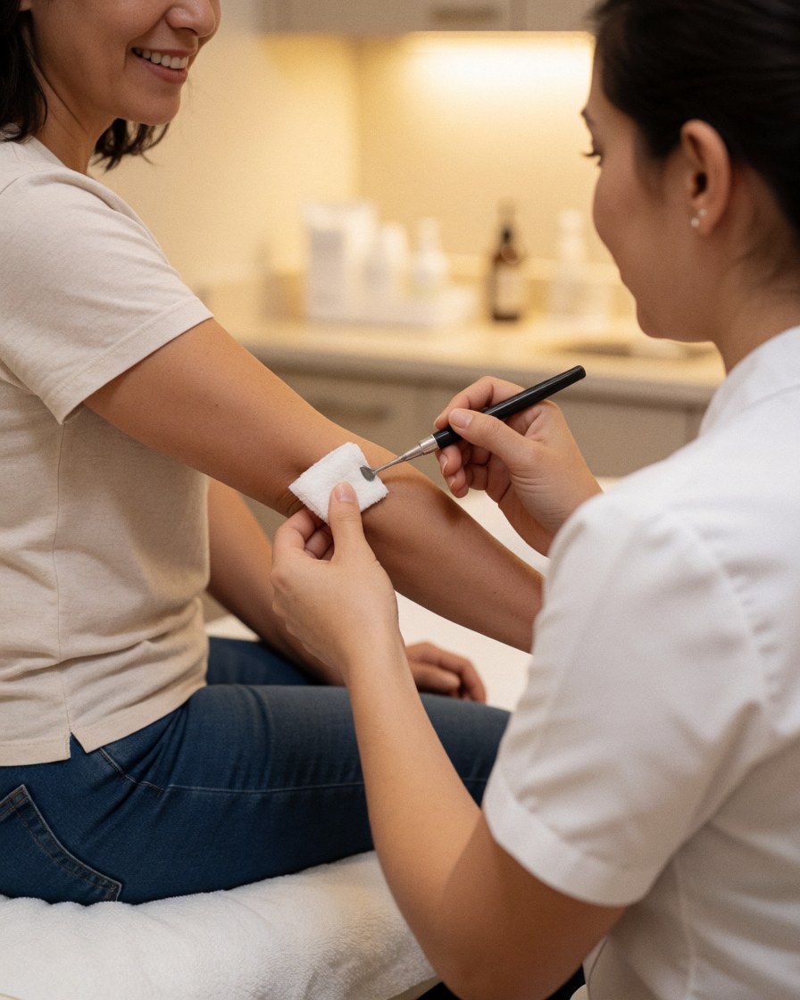Un thérapeute effectue une manipulation sur le bras d'une cliente assise sur une table de massage dans une clinique éclairée par une lumière douce.