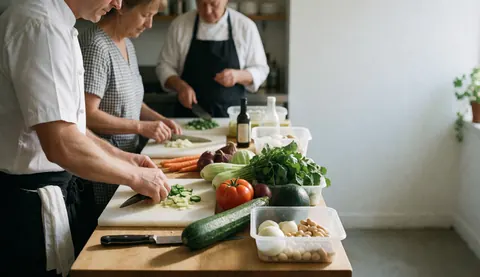 Un chef prépare des légumes frais dans une cuisine baignée de lumière naturelle, tranchant carottes, tomates et oignons sur une planche, entouré d'ingrédients et d'ustensiles.