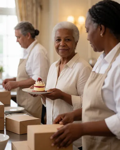 Une femme senior déguste un dessert avec plaisir dans un cadre de restaurant raffiné et sophistiqué.