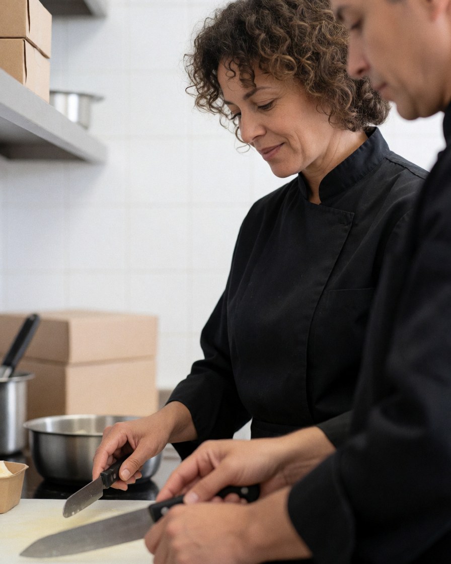 Portrait d'une cheffe cuisinière en uniforme professionnel tenant un couteau de cuisine devant une table avec des ingrédients.