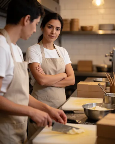 Portrait d'une gérante de restaurant souriante et professionnelle, regardant vers l'avant avec assurance dans un environnement de travail.