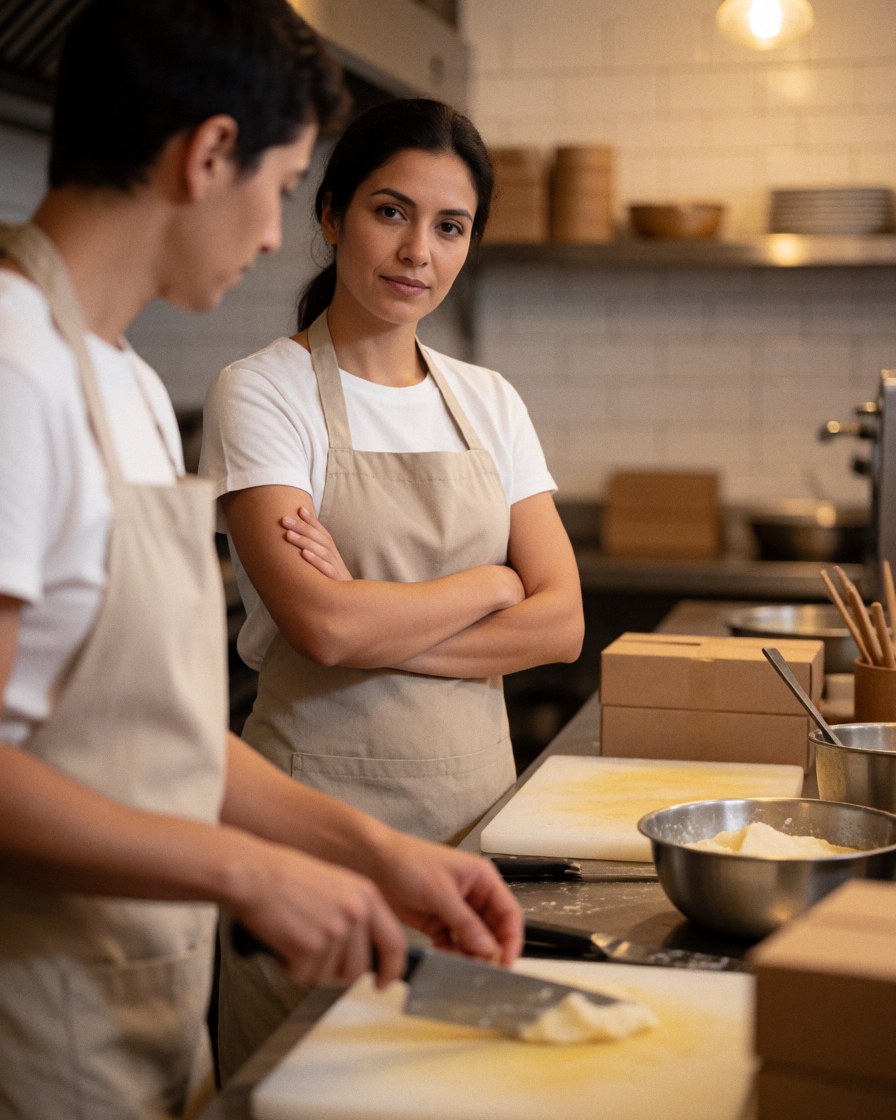 Portrait d'une gérante de restaurant souriante et professionnelle, regardant vers l'avant avec assurance dans un environnement de travail.