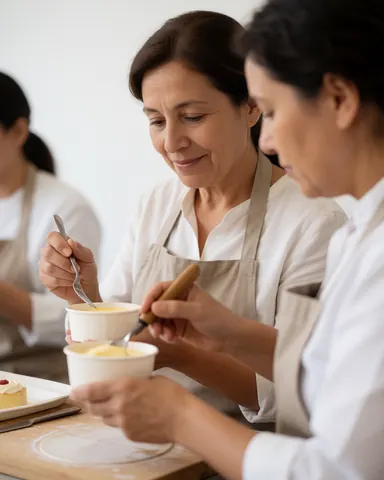 Une cliente souriante tenant une cuillère et une tasse, appréciant un dessert lors d'un événement de catering professionnel sur une table.