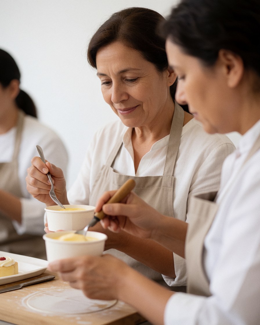 Une cliente souriante tenant une cuillère et une tasse, appréciant un dessert lors d'un événement de catering professionnel sur une table.