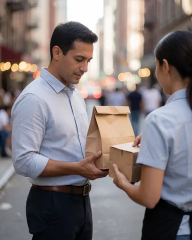 Un homme remet un sac et une boîte de repas à une femme dans la rue, avec un fond flou lumineux.