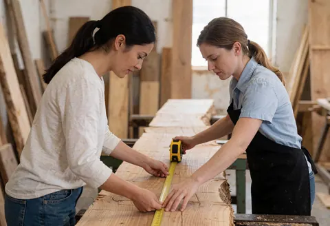 Une employée aide une cliente à mesurer une planche de bois avec un mètre ruban dans un atelier. Elles sont concentrées, entourées d'outils et de bois.