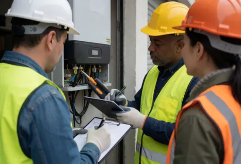 Un technicien et un client vérifient un onduleur solaire dans un garage, équipés de casques et gilets de sécurité, prenant des notes sur un carnet lors d'une intervention réaliste.