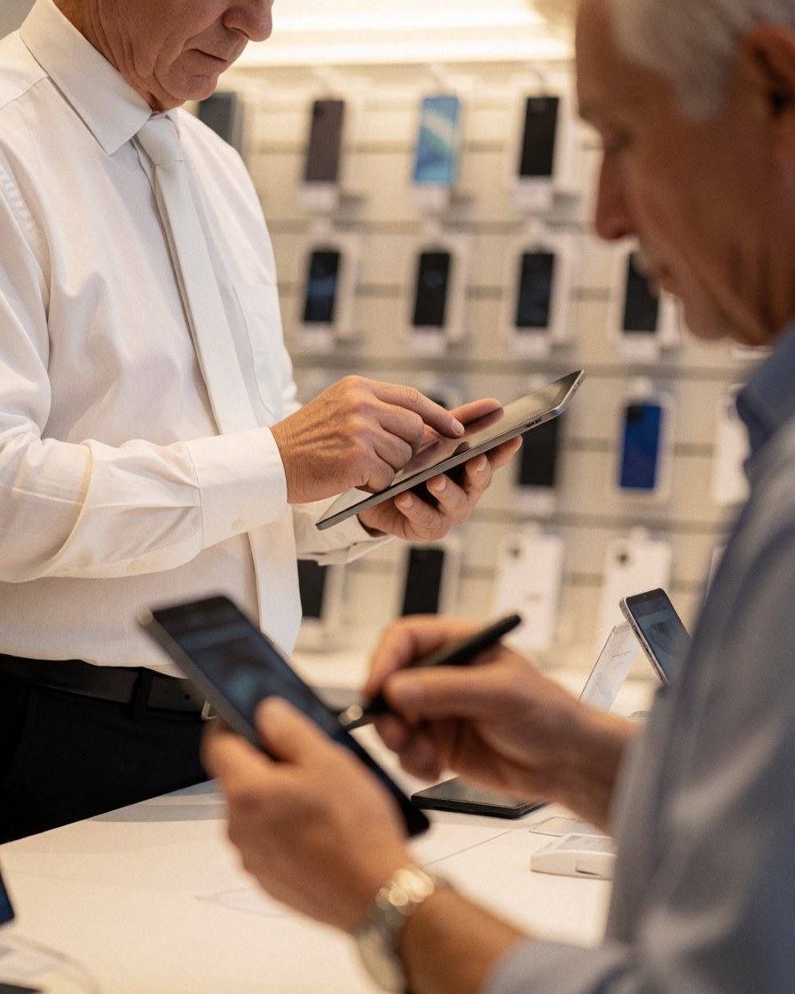 Un vendeur assiste un client avec une tablette dans un magasin de technologie. Ambiance professionnelle et moderne avec des téléphones en arrière-plan.